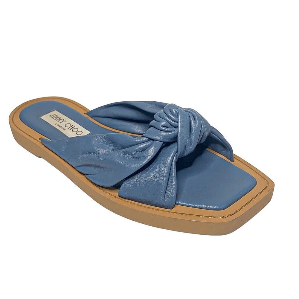 Jimmy Choo Tropica Blue Leather Flat Sandals EU 38 Slip On Square Toe Slide